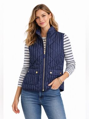 J. Crew Excursion Quilted Puffer Vest Navy Pinstripe Down Fill Jacket M Preppy